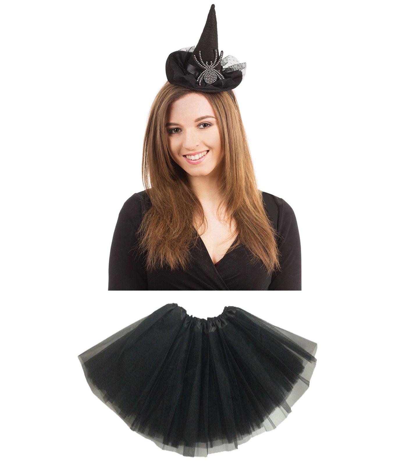 Witch Hat Headband with Diamante Spider Black 3 Layer Tutu Skirt Halloween Scary Witch Look Fancy Dress Set - Labreeze