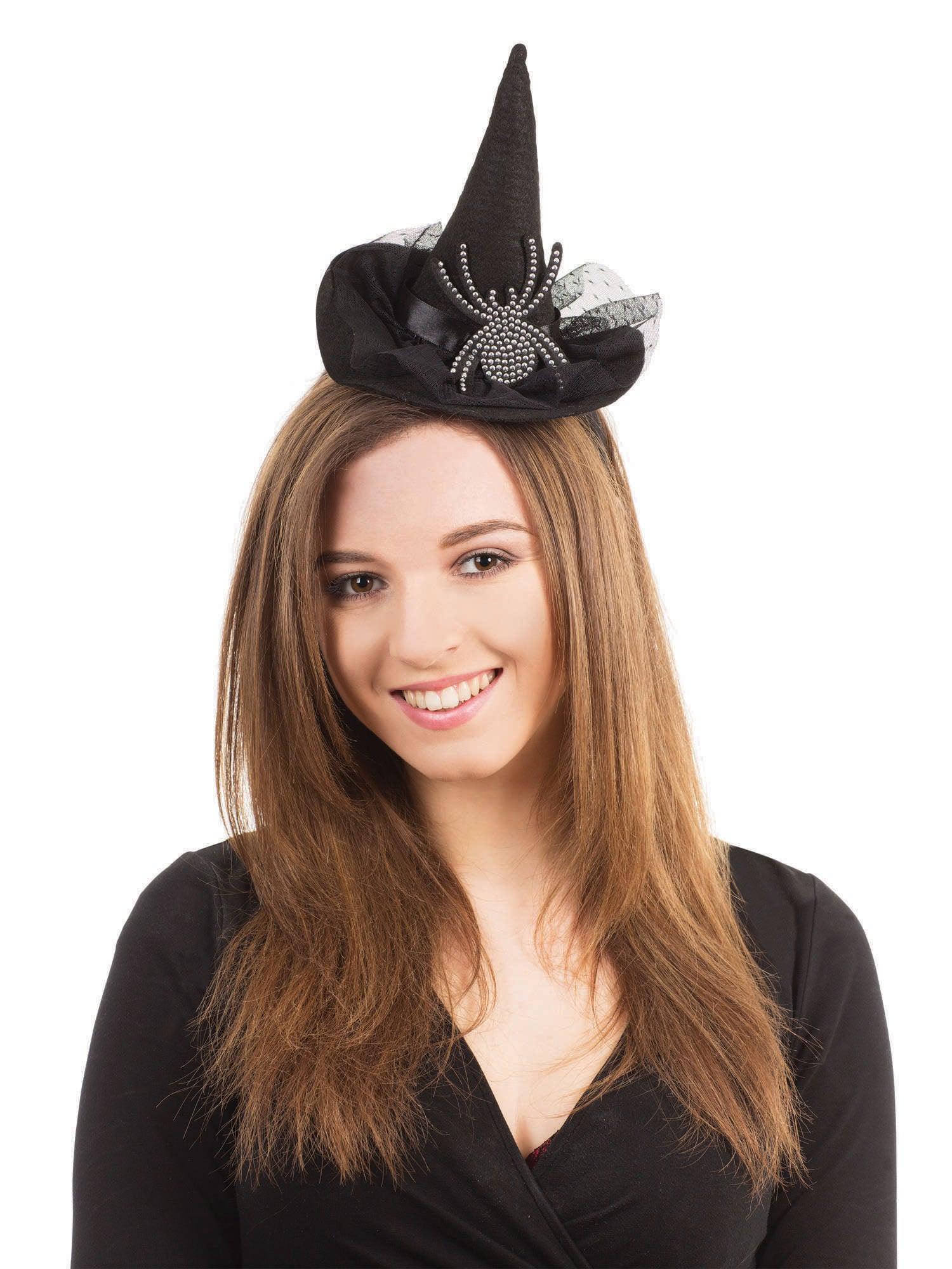 Witch Hat Headband with Diamante Spider Black Long Lace Gloves Broom Stick Halloween Scary Witch Costume - Labreeze