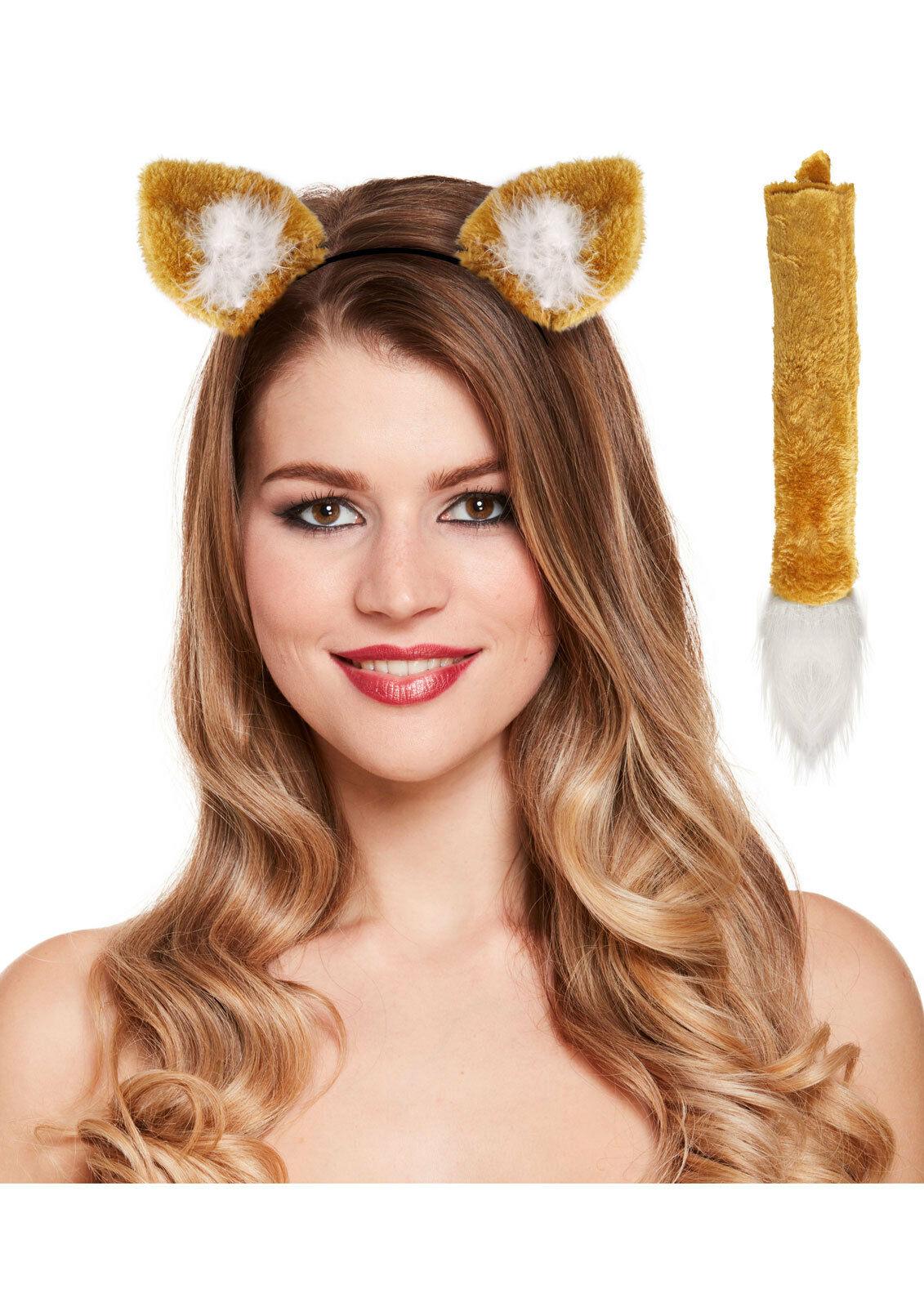 Adult Fox Ears On Headband & Tail Set Brown Child Fancy Dress Accessory - Labreeze