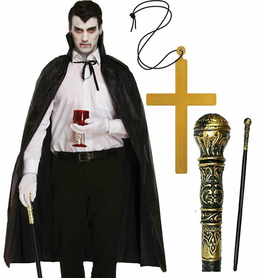 Adults Black Cape Gold Cane Stick Monk Cross Necklace Halloween Party Set - Labreeze