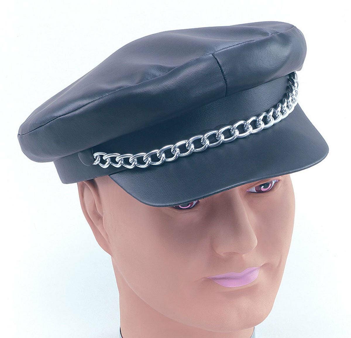 Adults Black Punk Leather Cap Line Look Biker Cap With Chain - Labreeze