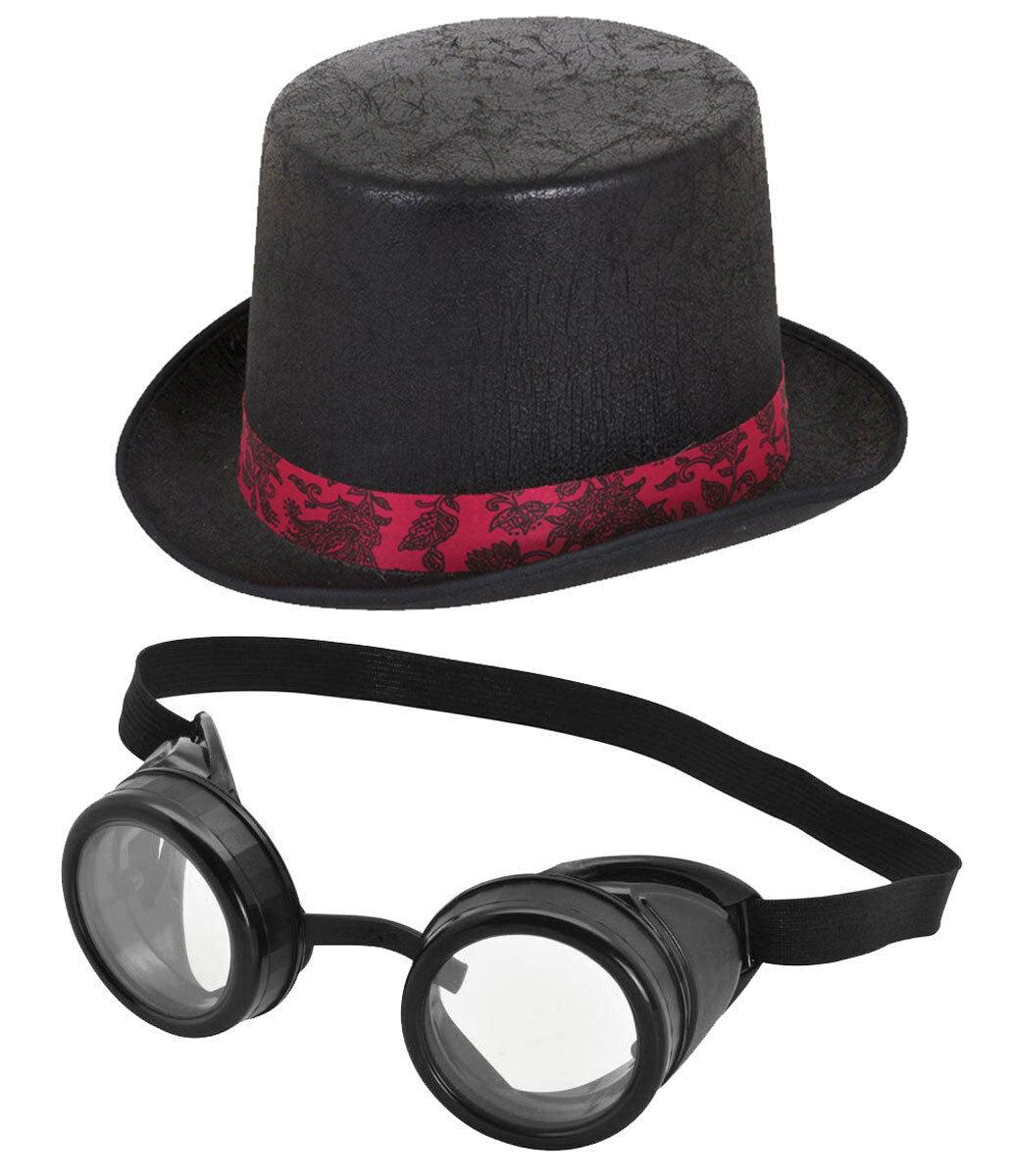 Adults Black Top Hat with Black Frame Goggles Steam Punk Party Fancy Dress Set - Labreeze