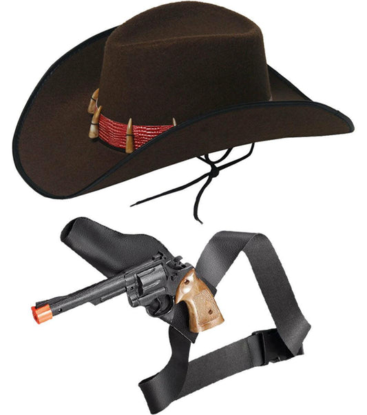 Adults Cowboy Hat with Teeth & Gun with Holster Western Fancy Dress Set - Labreeze