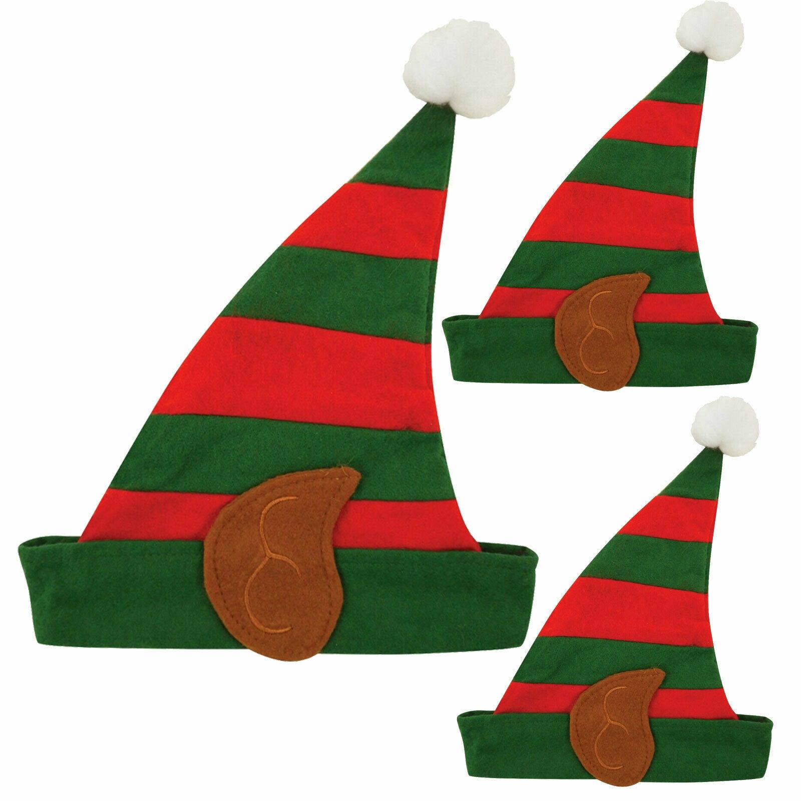 Adults Elf Hat Pixie Ears Red Green Striped Christmas Xmas Fancy Dress Pack of 3 - Labreeze