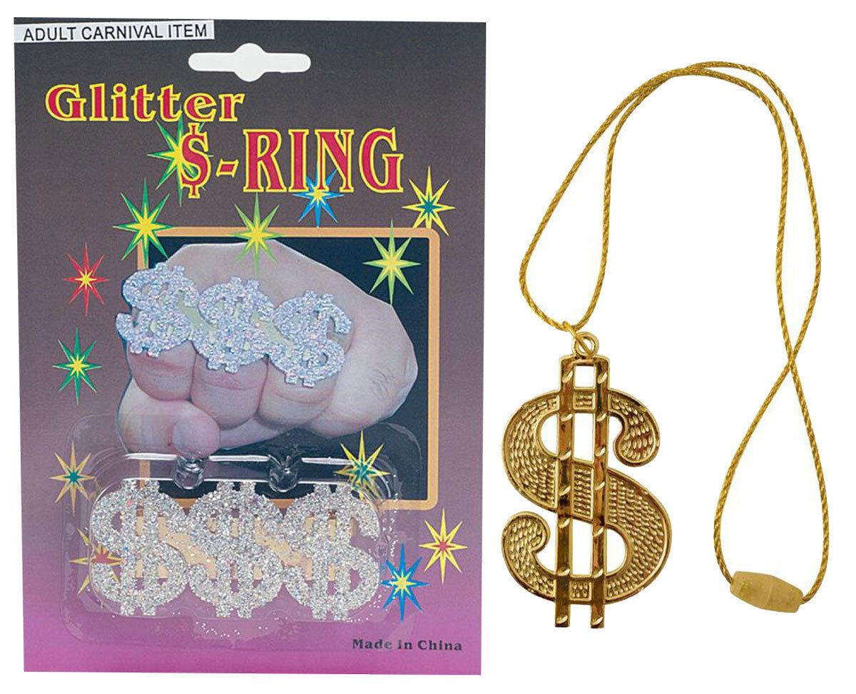 Adults Pimp Silver Glitter Ring Dollar Ring & Gold Necklace Fancy Dress Set - Labreeze