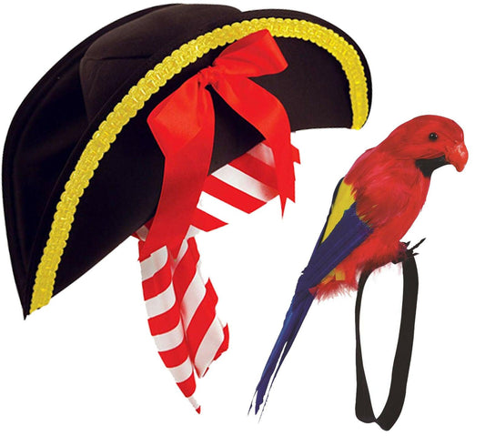 Adults Pirate Hat with Bandana & Feather Wrist Parrot Caribbean Fancy Dress Set - Labreeze