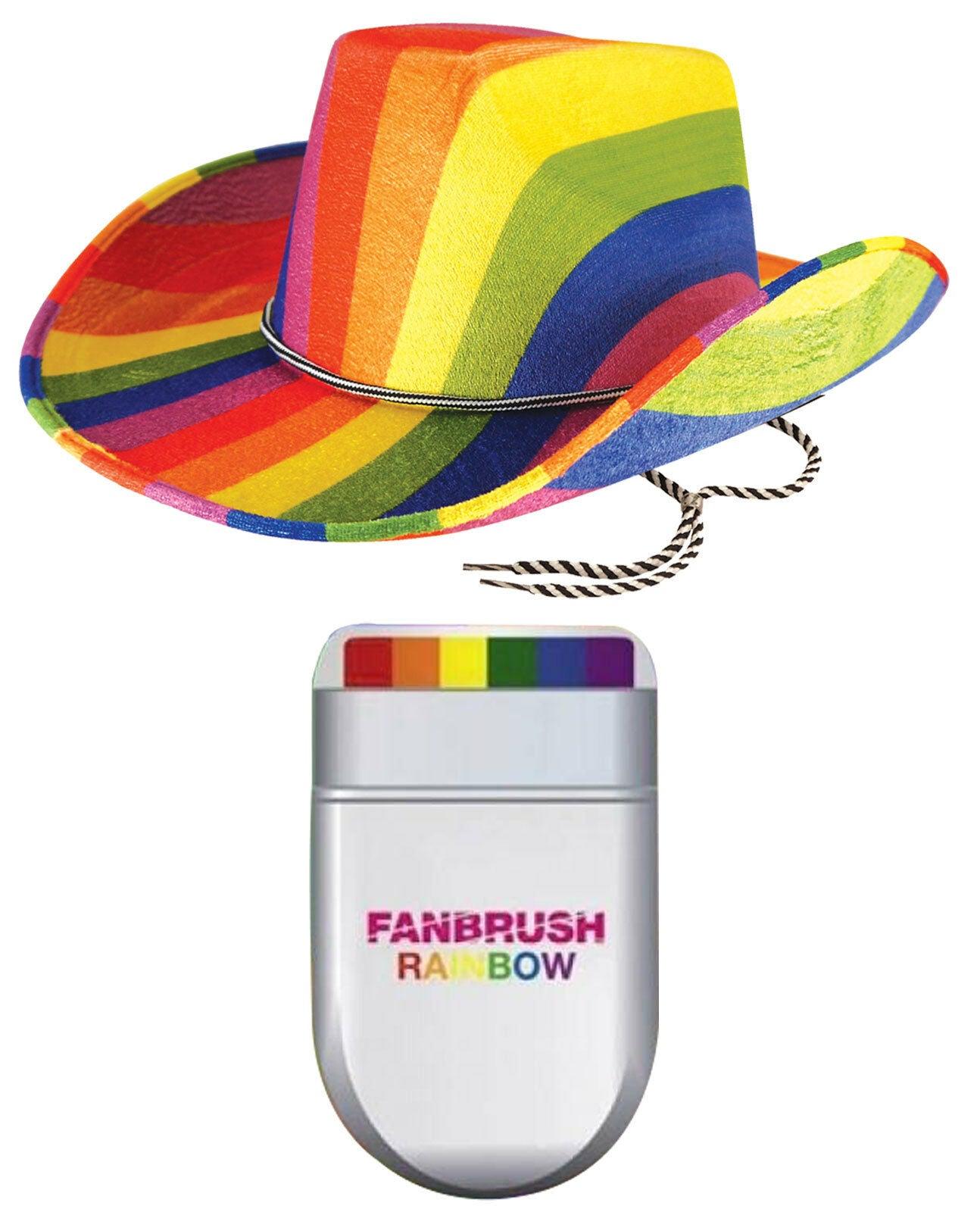 Adults Rainbow Cowboy Felt Hat with Fan Brush Make Up Gay Pride Party Set - Labreeze