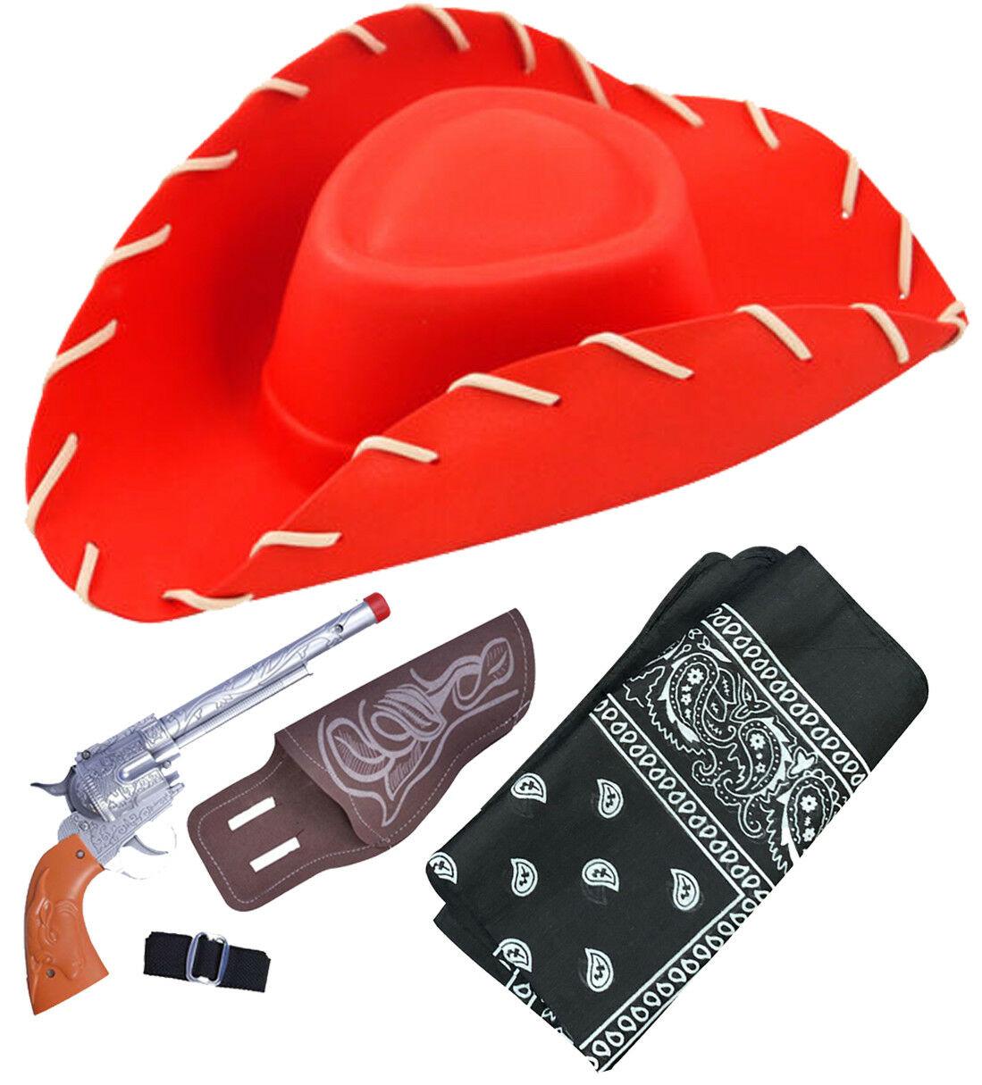 Adults Red EVA Cowboy Toy story Hat Bandana Plastic Gun Fancy Dress Party Set - Labreeze