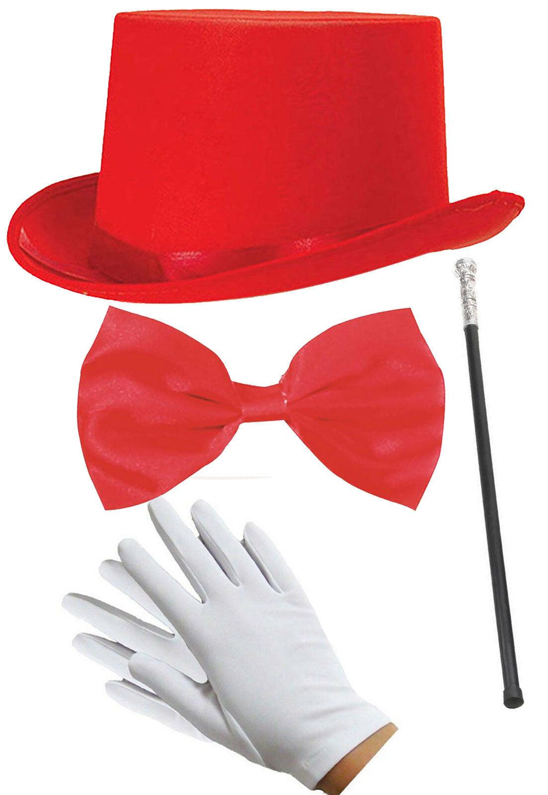 Adults Red Satin Top Hat Snake Cane Dollar Necklace Pimp Party Fancy Dress Set - Labreeze