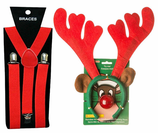 Adults Reindeer Antlers Red Suspenders Braces Christmas Xmas Elf Fancy Dress - Labreeze