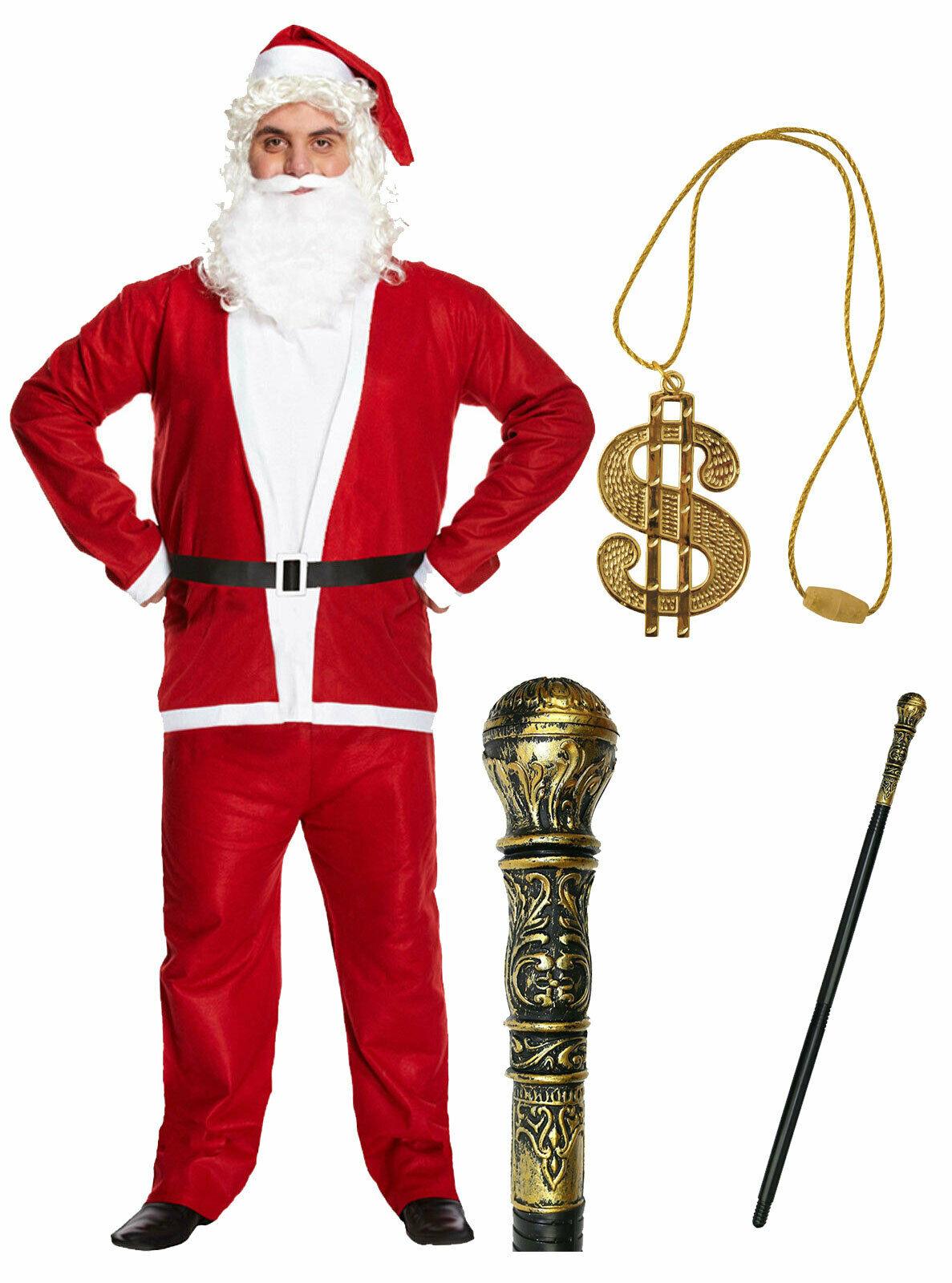 Adults Santa Clause Suit Gold Pimp Cane Dollar Necklace Novelty Xmas Fancy Dress - Labreeze