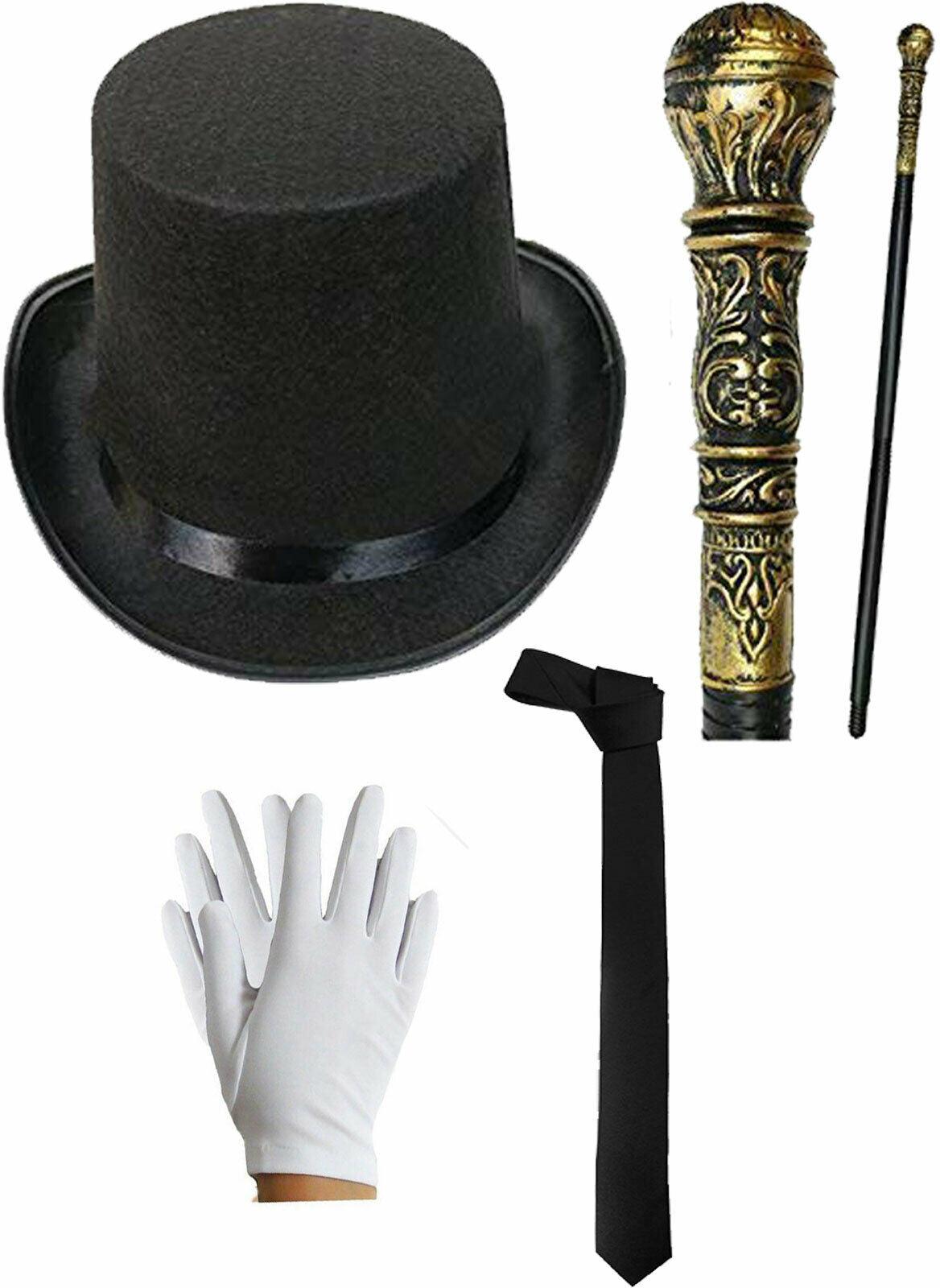 Adults Victorian Gentleman Black Top Hat Bow Tie Santa Gloves Gold Cane Set - Labreeze