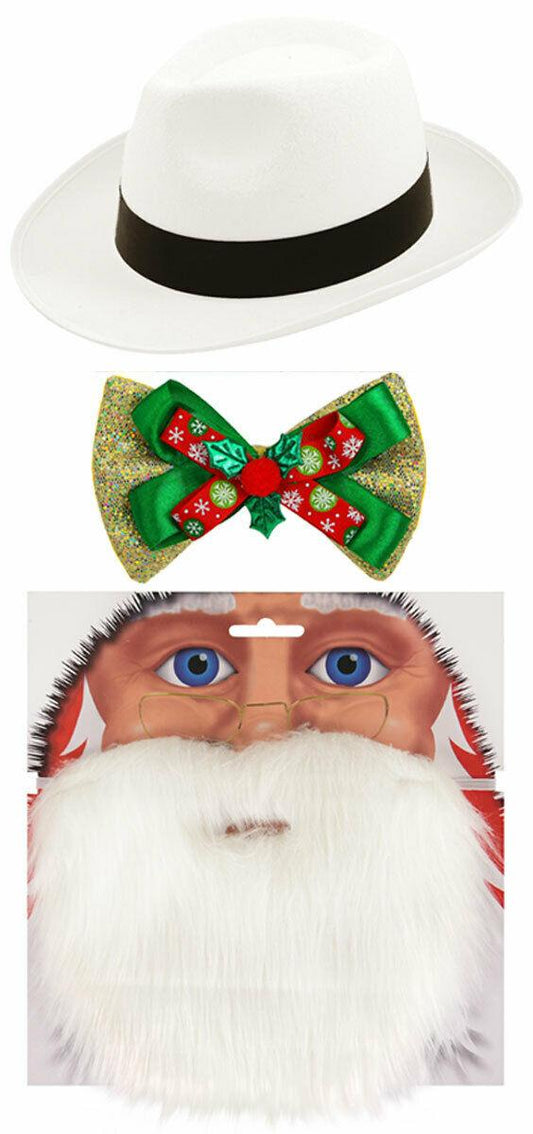 Al Capone Gangster Hat Santa Beard Bow Tie Christmas Xmas Party Fancy Dress - Labreeze