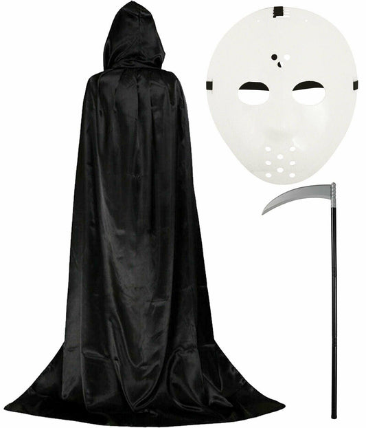 Black Satin Hooded Cape Hockey Mask Grim Reaper Scythe Halloween Fancy Dress - Labreeze