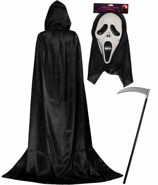 Black Satin Hooded Cape Scream Mask Scythe Halloween Horror Fancy Dress Set - Labreeze