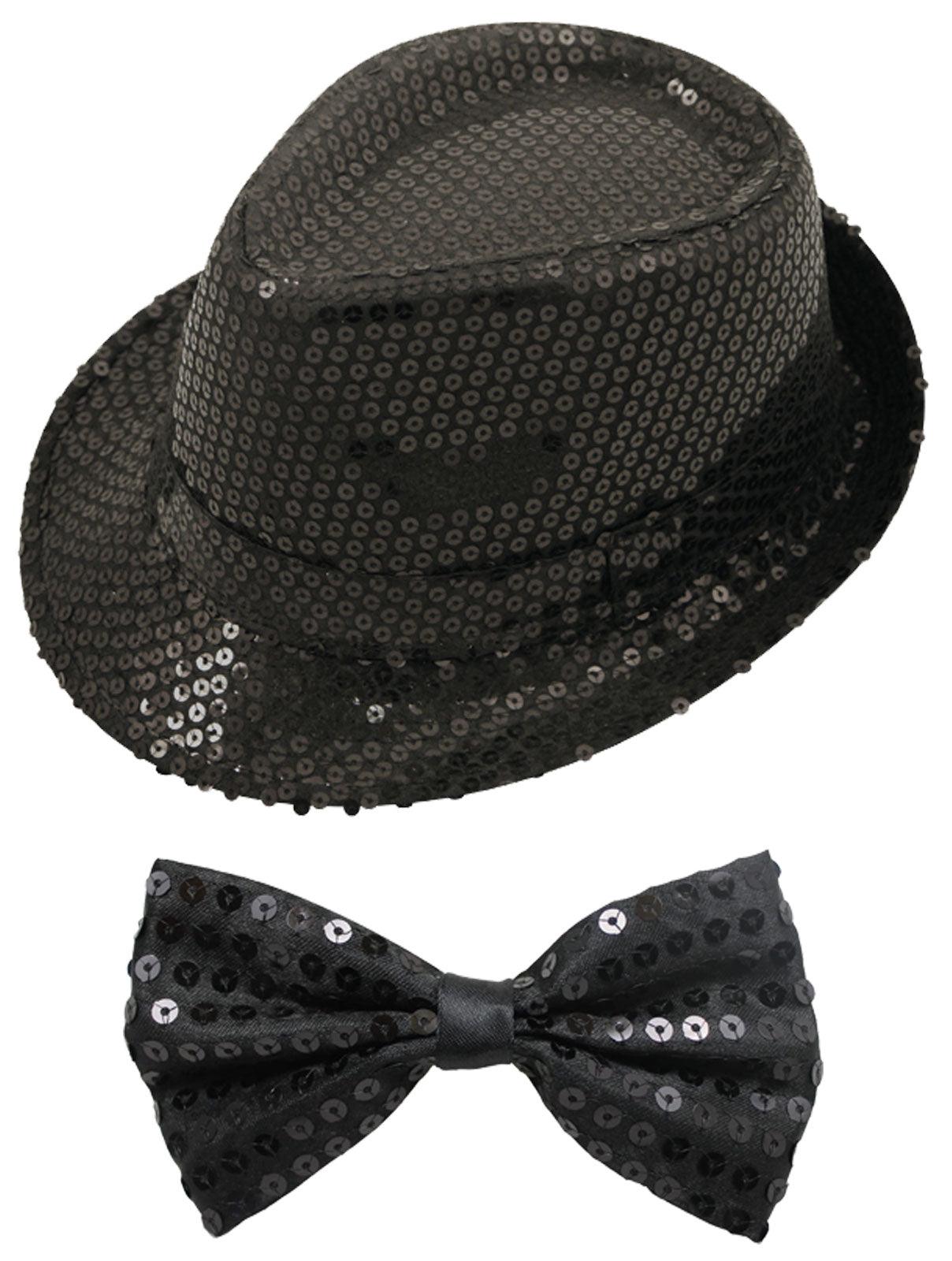 Black Sequin Gangster Hat with Bow Tie 2 Pcs Adults Party Fancy Dress Set - Labreeze