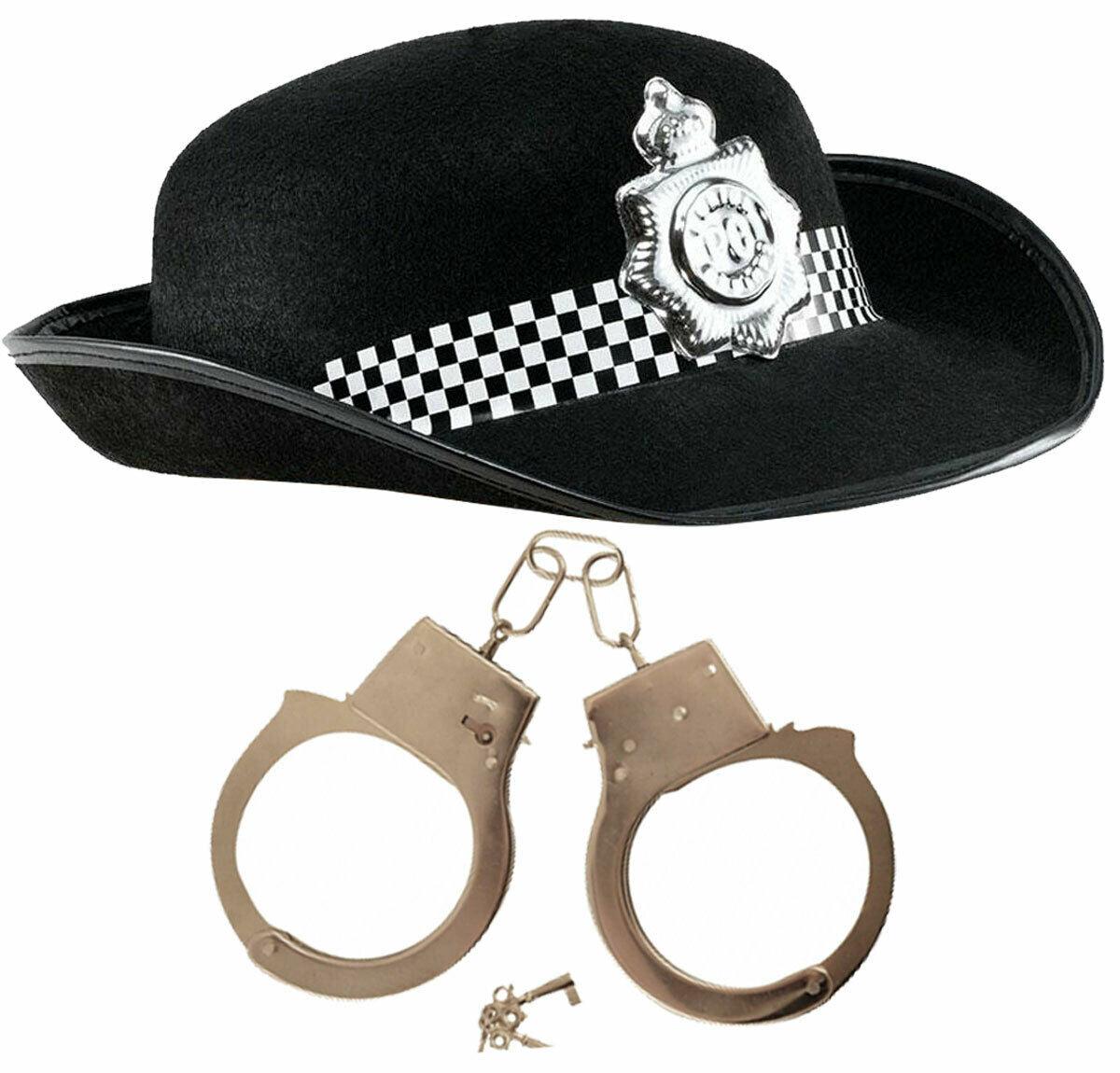 British WPC Police Cop Black Felt Hat with Metal Handcuffs Fancy Dress Set - Labreeze