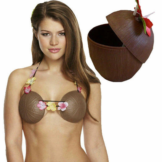 Brown Plastic Coconut Bra Cup with Flowers Hawaiian Hula Beach Summer Party Set - Labreeze