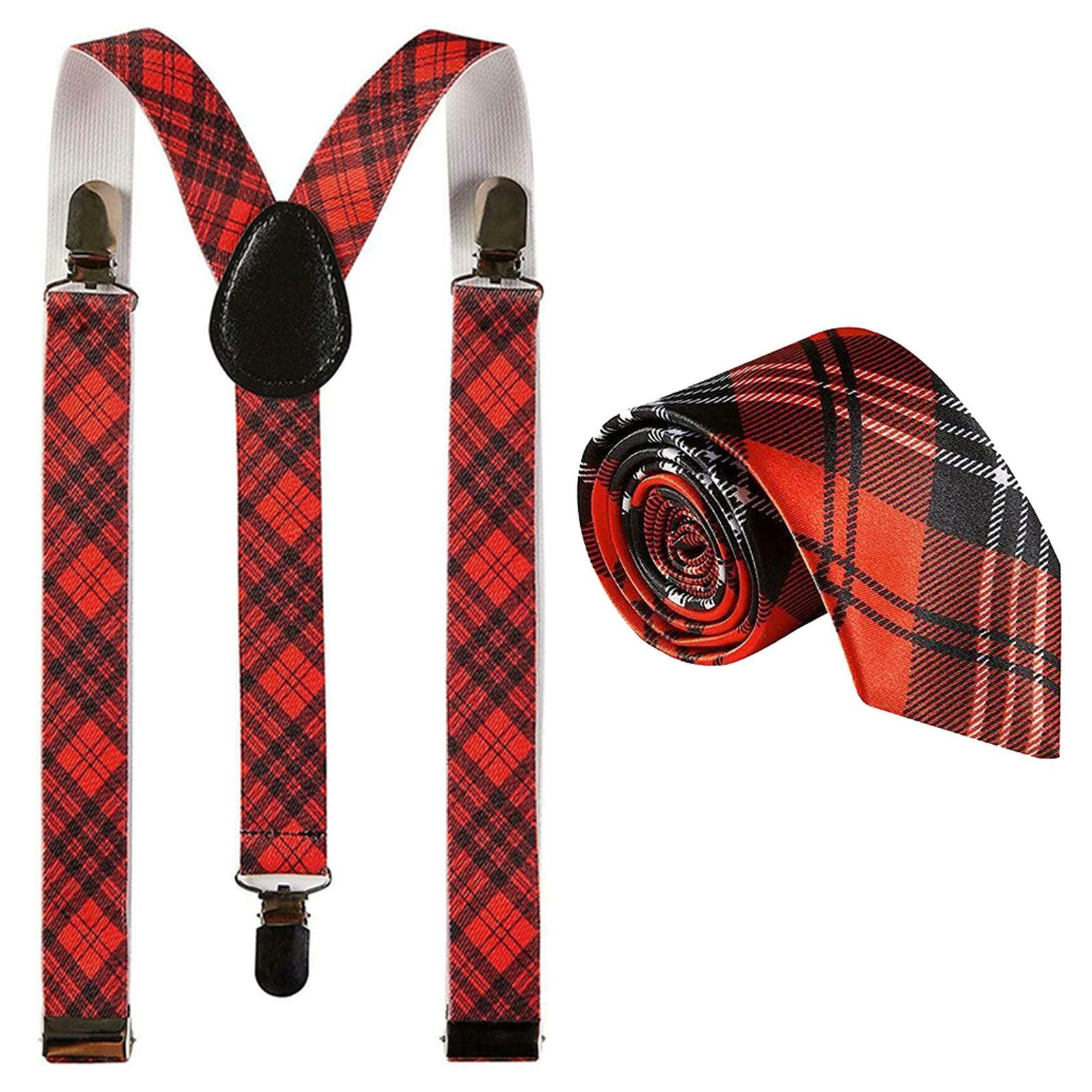 Burns Night Red Tartan Braces Suspenders with Striped Neck Tie Scottish - Labreeze