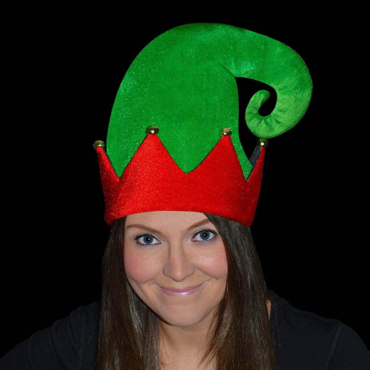 Christmas Red Green Velour Elf Hat Bells Xmas Santa Helper Fancy Dress Hat - Labreeze