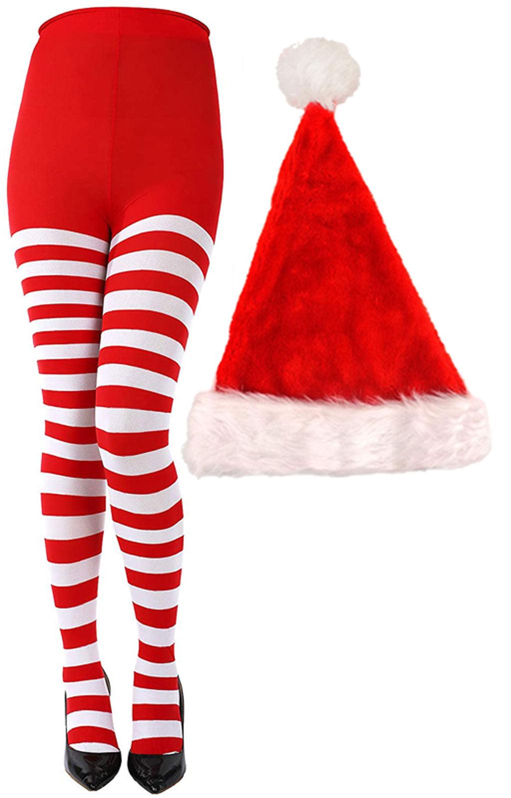 Christmas Red White Stripy Tights Deluxe Santa Hat Xmas Festive Fancy Dress - Labreeze