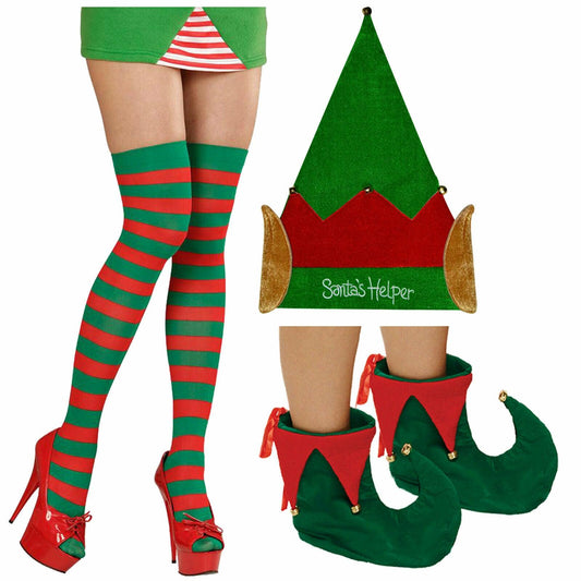 Christmas Santa Helper Hat Striped OTK Socks Shoe Xmas Fancy Dress Party Set - Labreeze