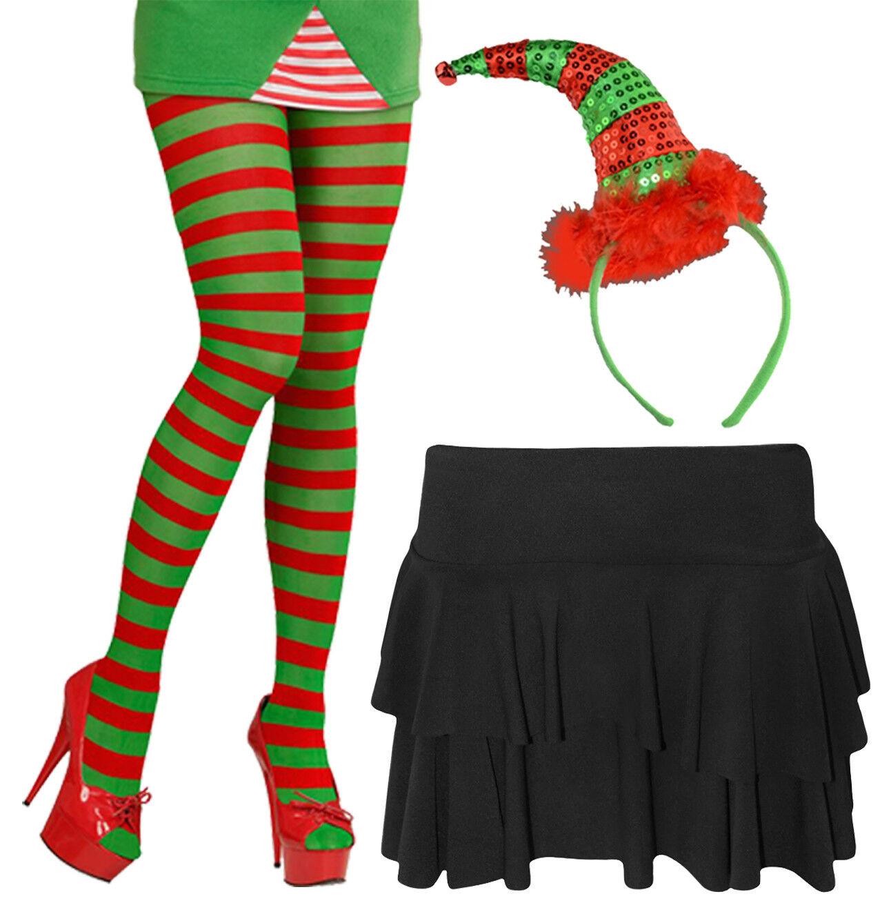 Christmas Santa Little Helper Tights Elf Sequin Headband Rara Skirt 3 Pc Costume - Labreeze
