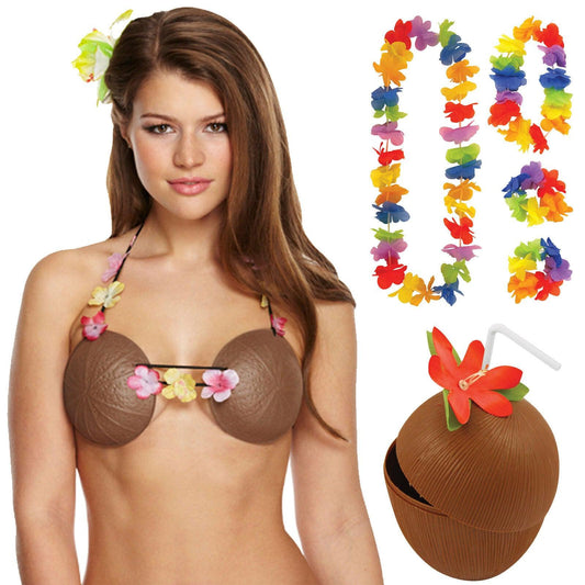 Coconut Bra Cup with Flowers Hula Flower Lei Hawaiian Beach Party Accessories Se - Labreeze