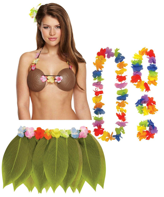 Coconut Bra Hula Lei Set Flower Garland Leaf Skirt Hawaiian Party Fancy Dress - Labreeze