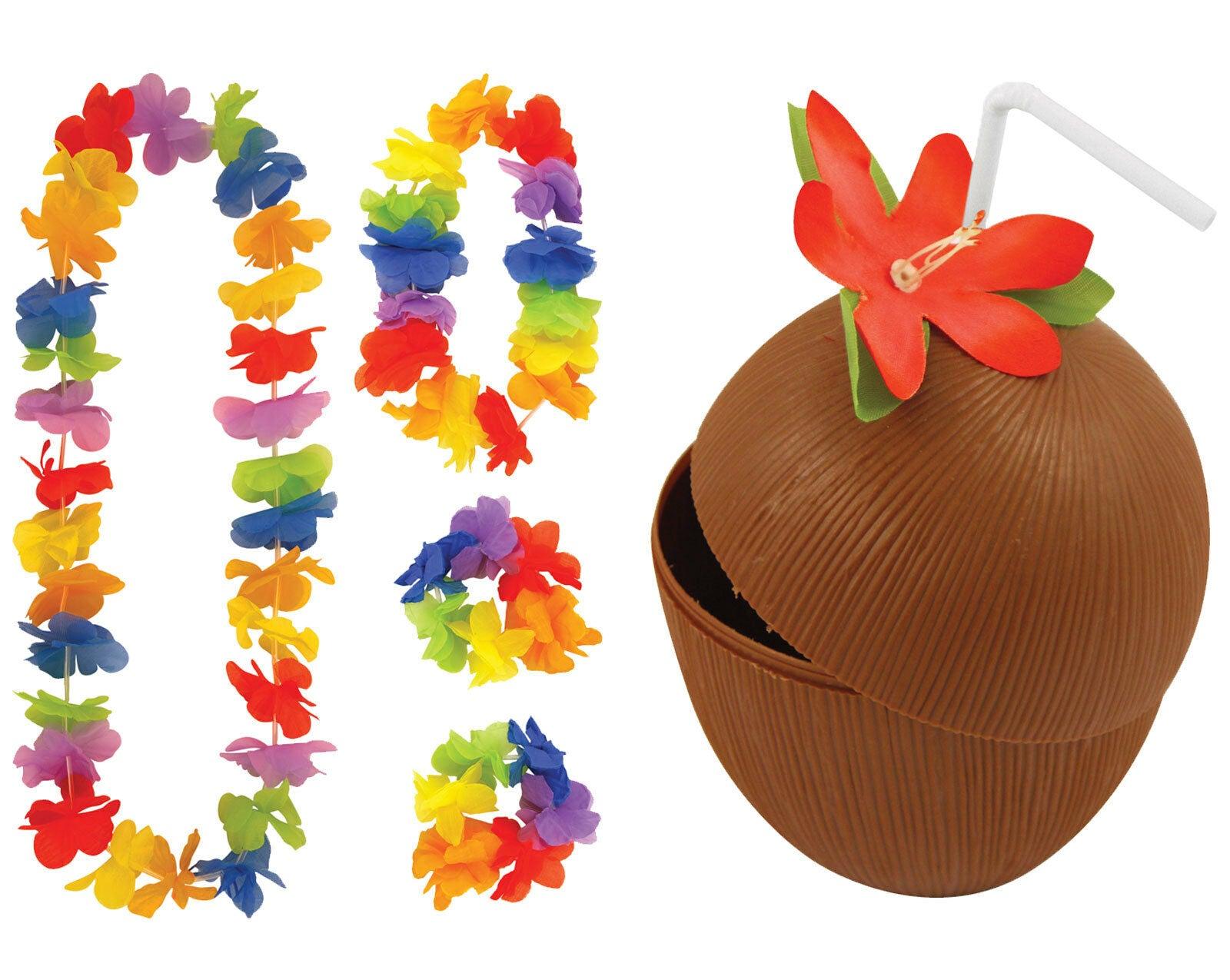 Coconut Cup with Straw & 4 Pc Lei Set Hawaiian Hula Party Fancy Dress Prop - Labreeze