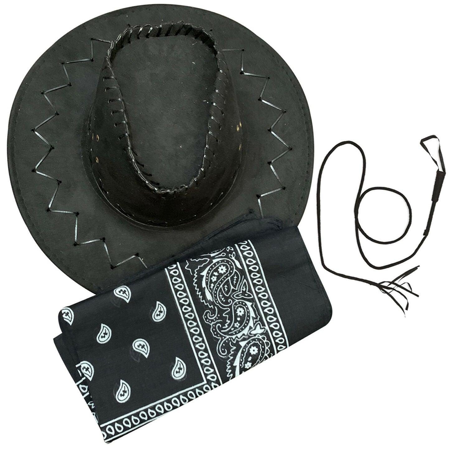 Cowboy Black Suede Look Western Hat Bandana Whip Wild West Party 3 Pcs Set - Labreeze