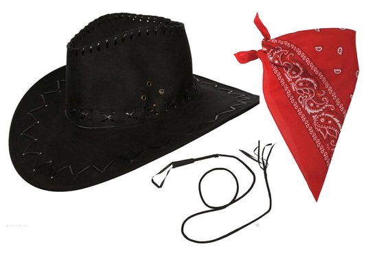 Cowboy Black Suede Look Western Hat Red Paisley Bandana Bull Whip Fancy Dress Se - Labreeze