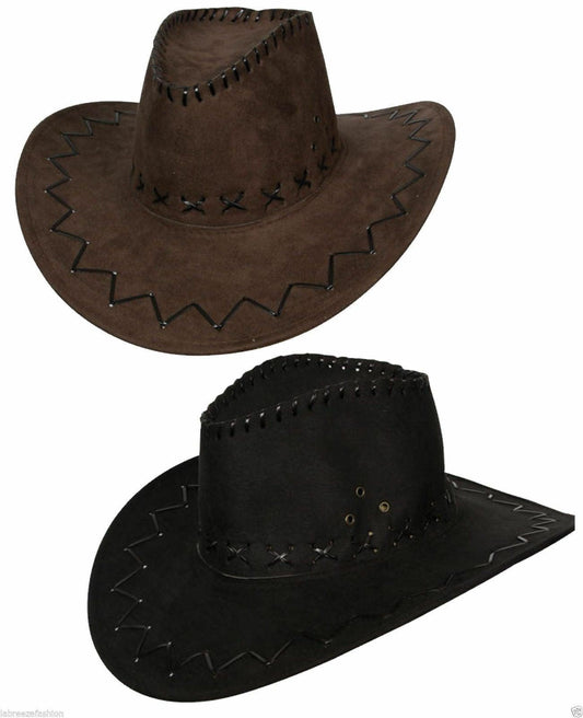 COWBOY SUED HAT BLACK BROWN FANCY DRESS ACCESSORIES - Labreeze