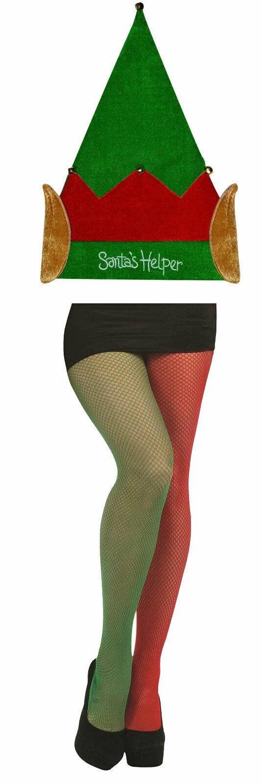 Elf Santa Helper Hat Red Green Fishnet Tights Christmas Xmas Party Fancy Dress - Labreeze