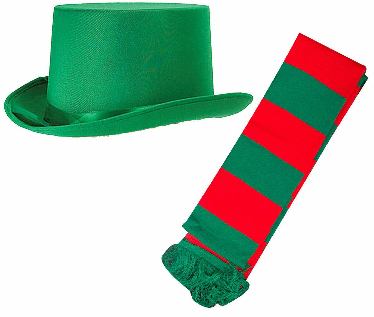 Elf Santa Helper Satin Top Hat Striped Red Green Scarf Xmas Party Fancy Dress - Labreeze