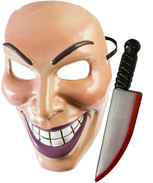 Evil Grin Purge Male Mask with Blooded Knife Weapon Halloween Horror Party Set - Labreeze