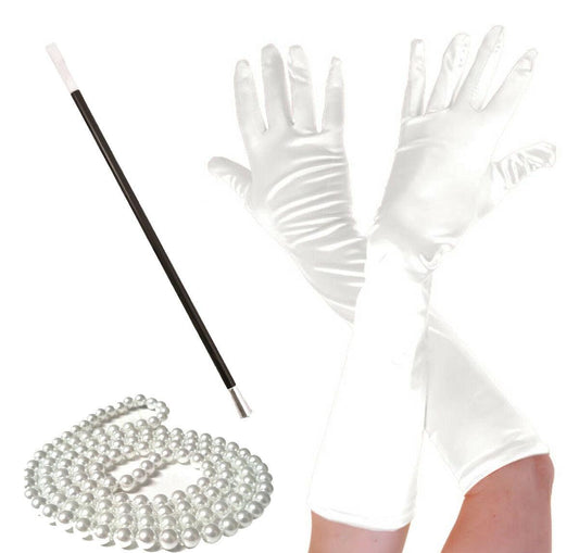 Flapper Pearl Beads Necklace Cigarette Holder Long White Satin Gloves Accessory - Labreeze