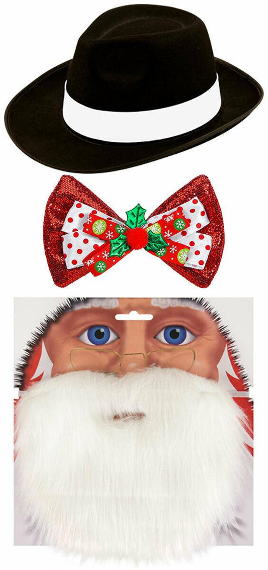 Gangster Santa Hat Beard Red Glitter Bow Tie Christmas Xmas Party Fancy Dress - Labreeze