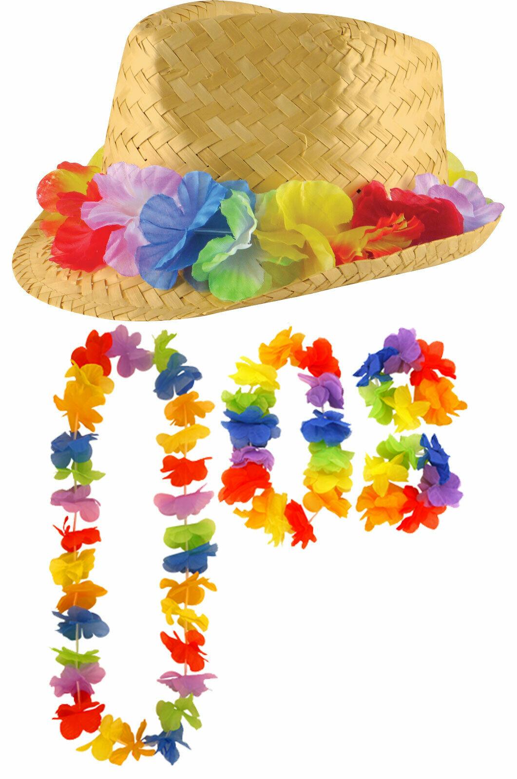 Gangster Straw Hat with Flower Band & 4Pcs Lei Hawaiian Hula Beach Party Set - Labreeze