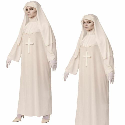 Halloween Ladies Nun Costume White Nuns Outfit Fancy Dress Relgious Ghost - Labreeze