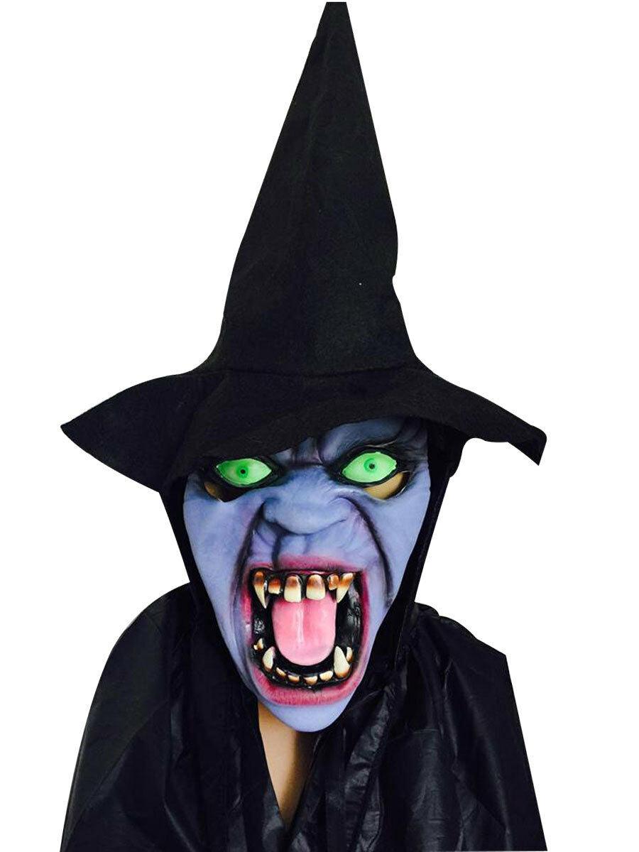 Halloween Latex Witch Mask with Hat Wig & Cape Spooky Scary Party Costume - Labreeze