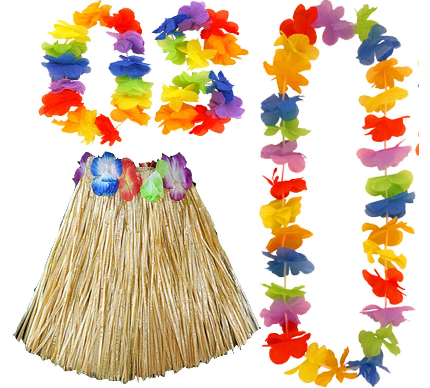 Hawaiian Hula Skirt 40cm Fancy Dress Costume And Lei Hula Set Ladies Girls - Labreeze