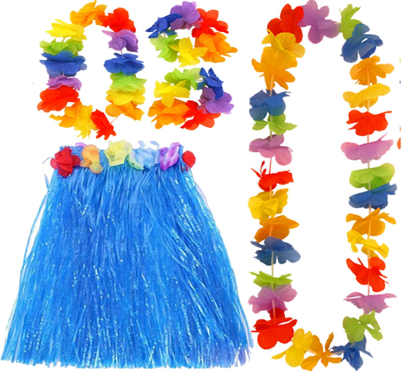 Hawaiian Hula Skirt 40cm Fancy Dress Costume And Lei Hula Set Ladies Girls - Labreeze