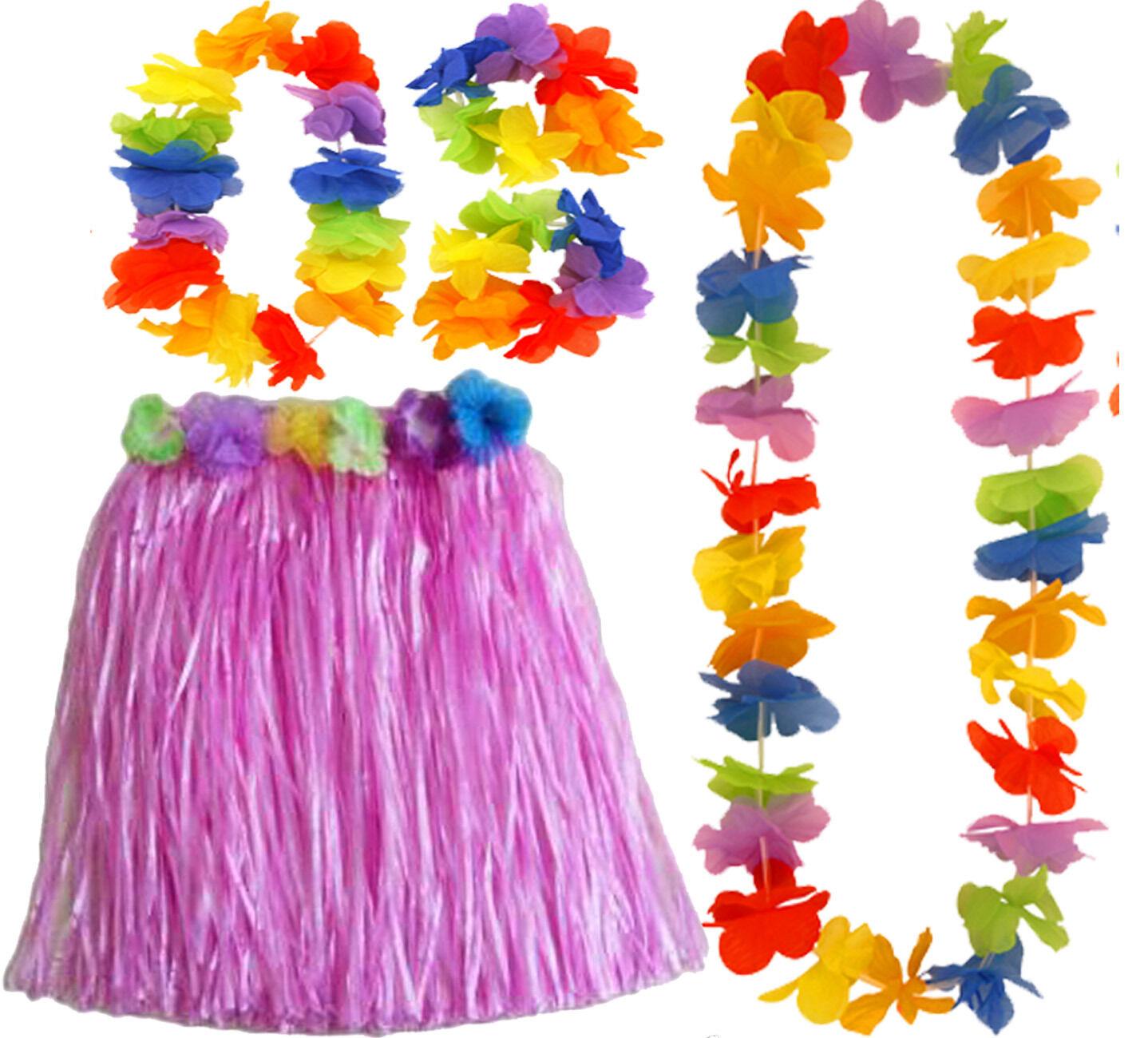 Hawaiian Hula Skirt 40cm Fancy Dress Costume And Lei Hula Set Ladies Girls - Labreeze