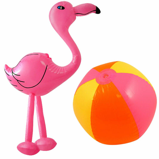 Inflatable Flamingo with Beach Ball 50 cm Hawaiian Tropical Beach Party Prop Set - Labreeze