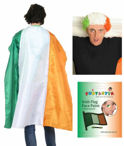 Irish Flag Satin Cape, Curly Wig & Flag Makeup St Patrick’s Day Fancy Dress Kit - Labreeze