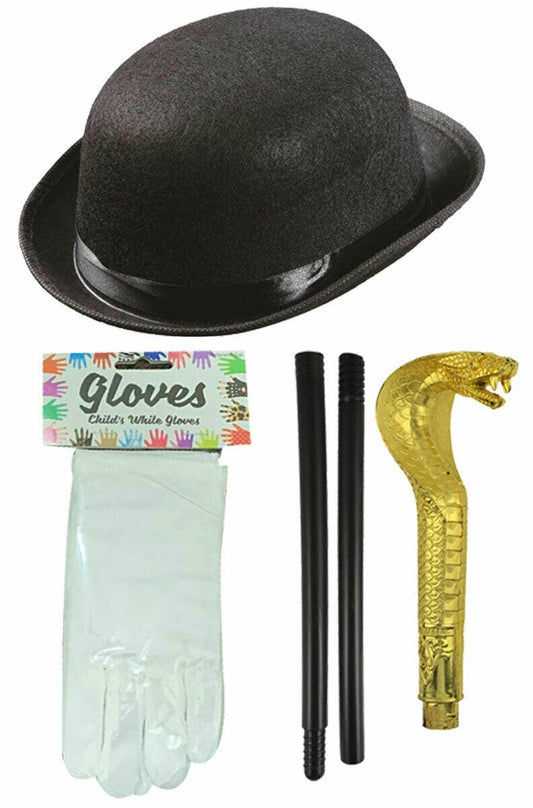 Kids Black Bowler Hat Gold Sceptre Snake Cane Gloves Victorian Style Fancy Dress - Labreeze