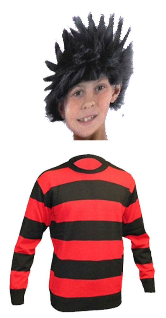 Kids Boys Knitted Black Red Striped Jumper Spiky Black Wig Fancy Dress Set - Labreeze