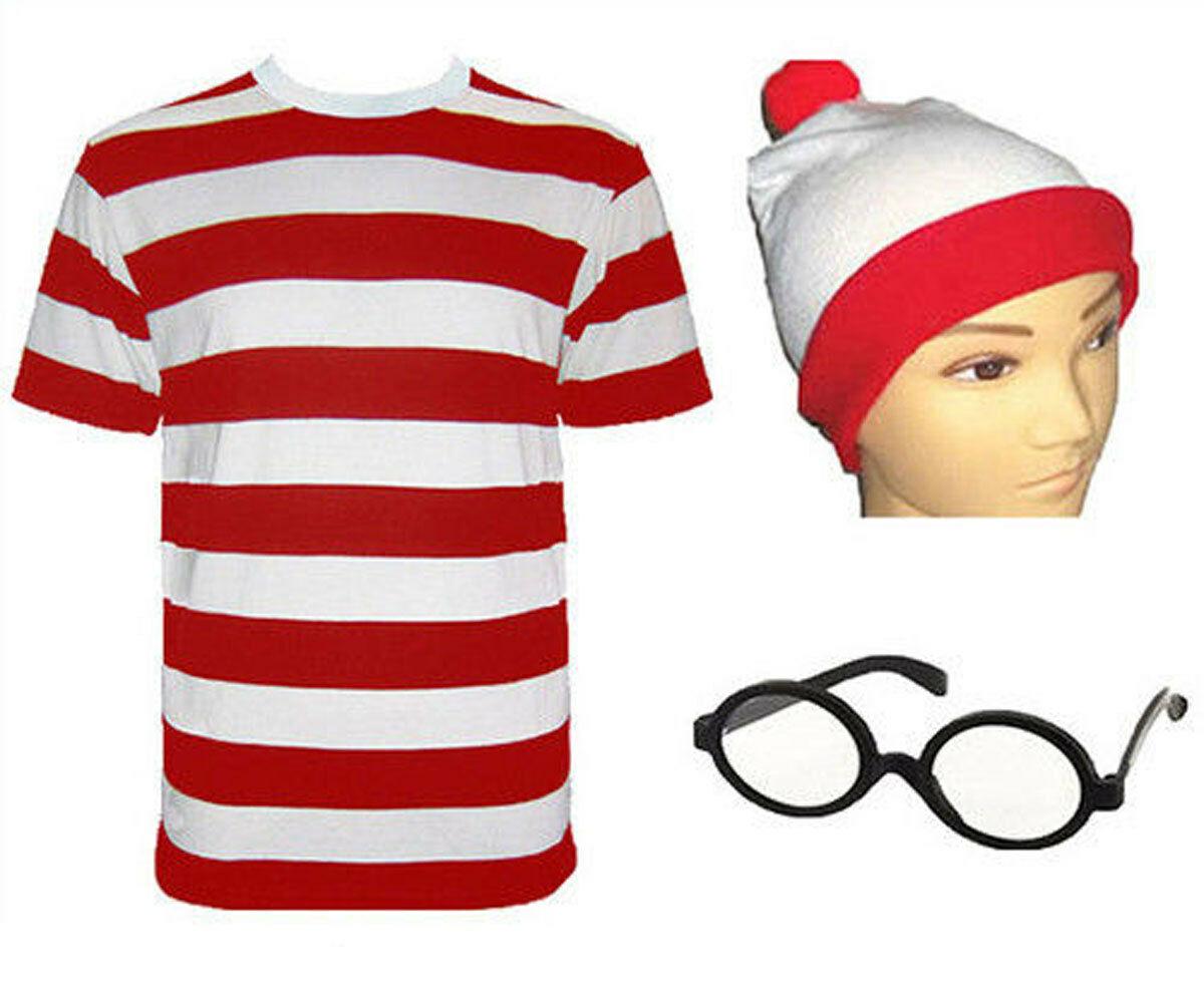 Kids Boys Red&White Striped T-Shirt Hat Glasses Book Day Fancy Dress Costume LOT - Labreeze