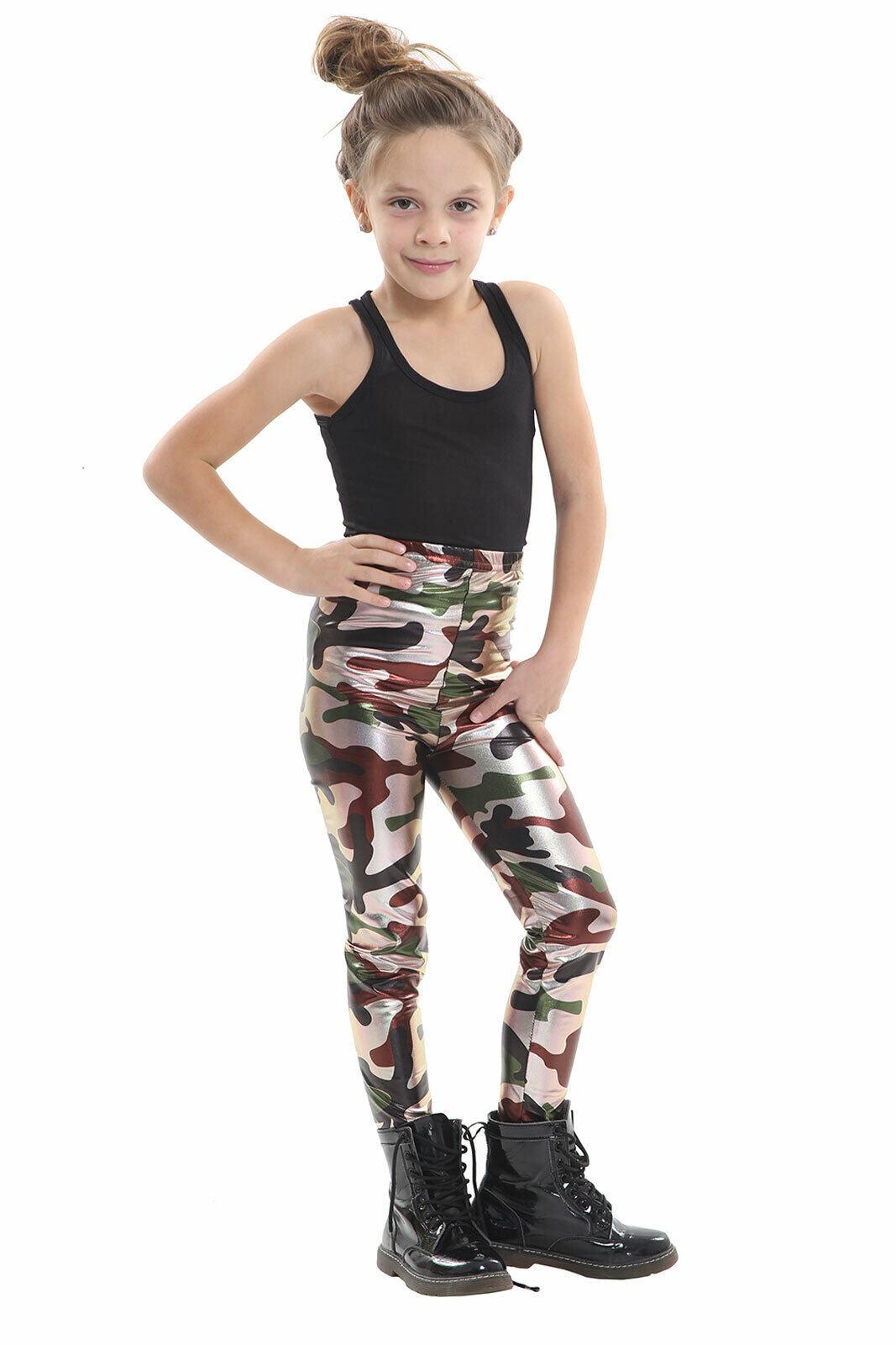 Kids Girls Army Camouflage Metallic Shiny Leggings Dancewear Skinny Pants - Labreeze